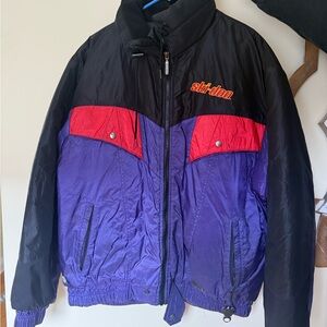 Black and Purple Ski Jacket with Color Blocking and Full-Length Zipper